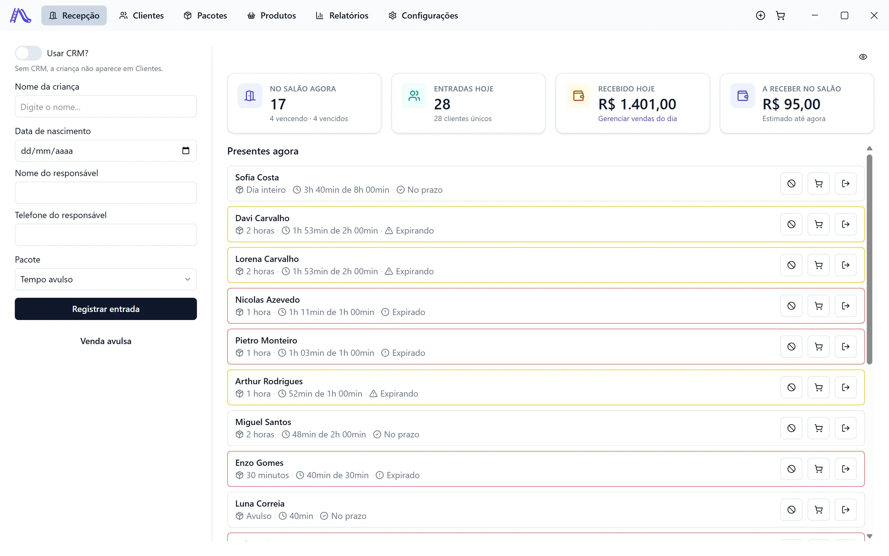 Tela Recepção funcionando com o salão cheio: 17 crianças no salão, R$ 1.401,00 recebidos hoje e as linhas sem cor, em amarelo e em vermelho