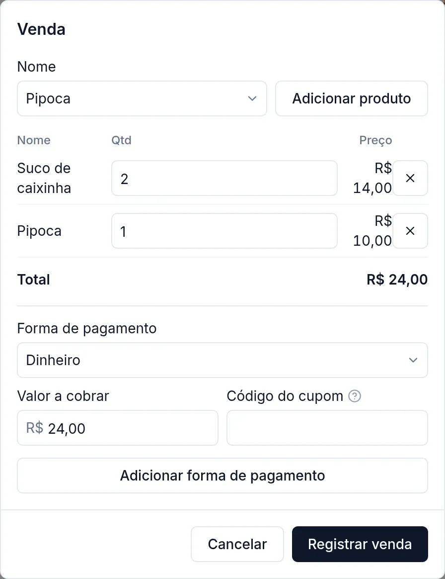 Janela Venda: 2 sucos de caixinha por R$ 14,00 e 1 pipoca por R$ 10,00, total de R$ 24,00 em dinheiro, com os botões Adicionar forma de pagamento e Registrar venda
