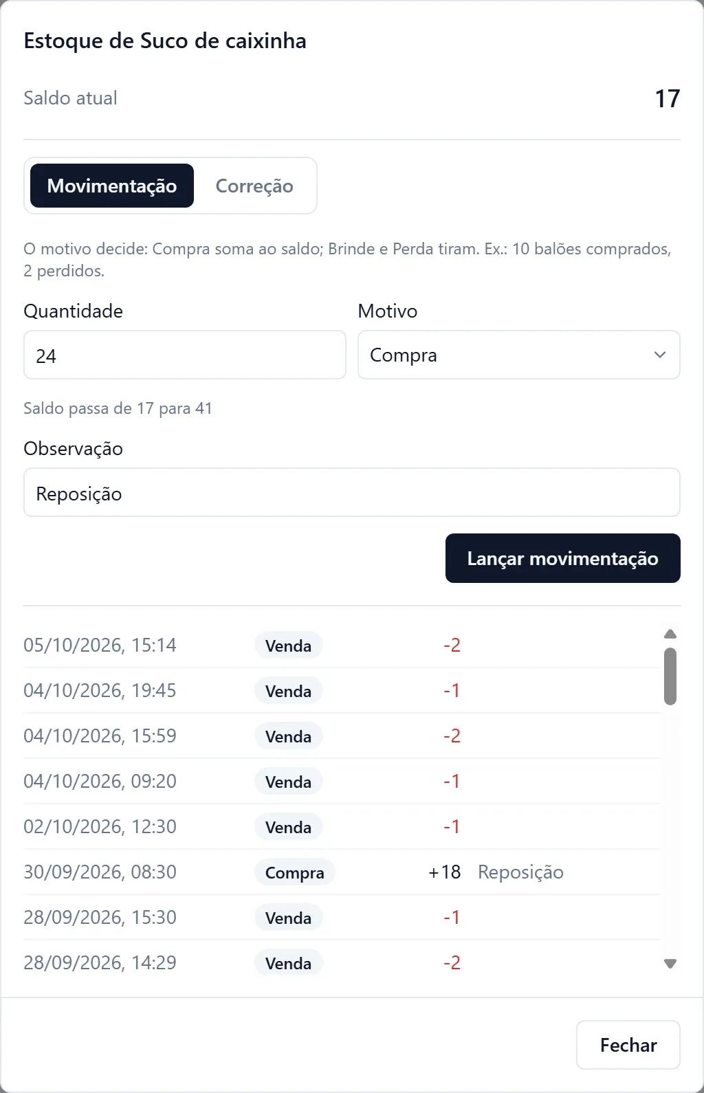 Estoque de Suco de caixinha: saldo atual 17, uma compra de 24 com a prévia Saldo passa de 17 para 41 e o histórico de vendas e compras com data e hora