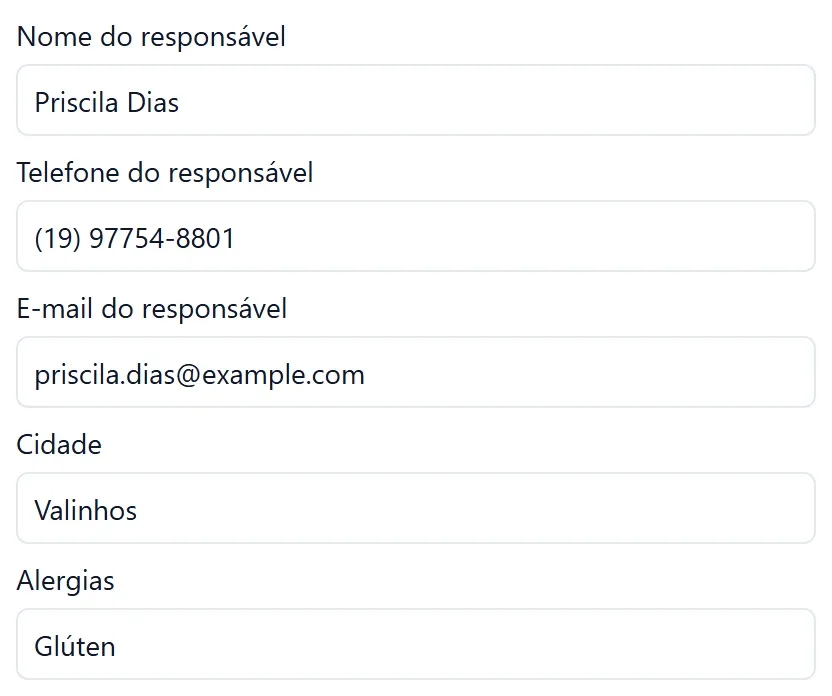 Ficha do cliente: responsável Priscila Dias, telefone (19) 97754-8801, e-mail, cidade Valinhos e Alergias: Glúten