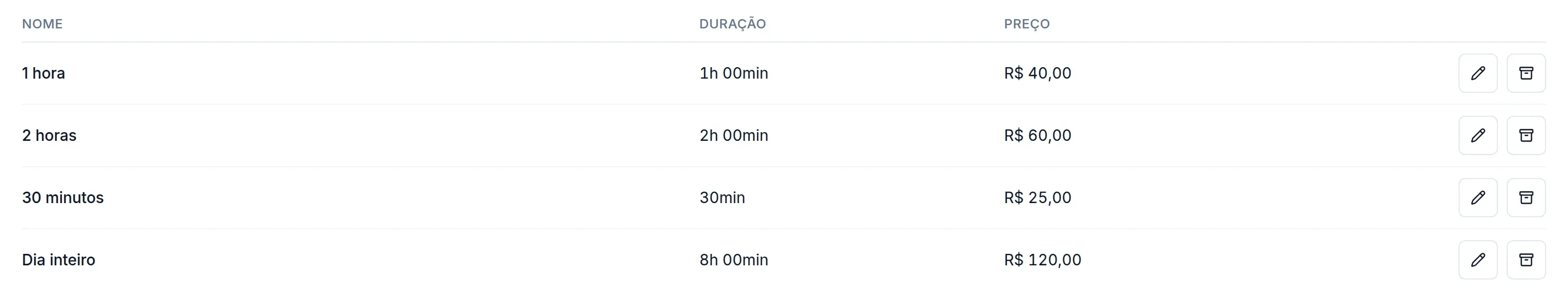 Tela Pacotes: 1 hora por R$ 40,00, 2 horas por R$ 60,00, 30 minutos por R$ 25,00 e Dia inteiro, de 8 horas, por R$ 120,00