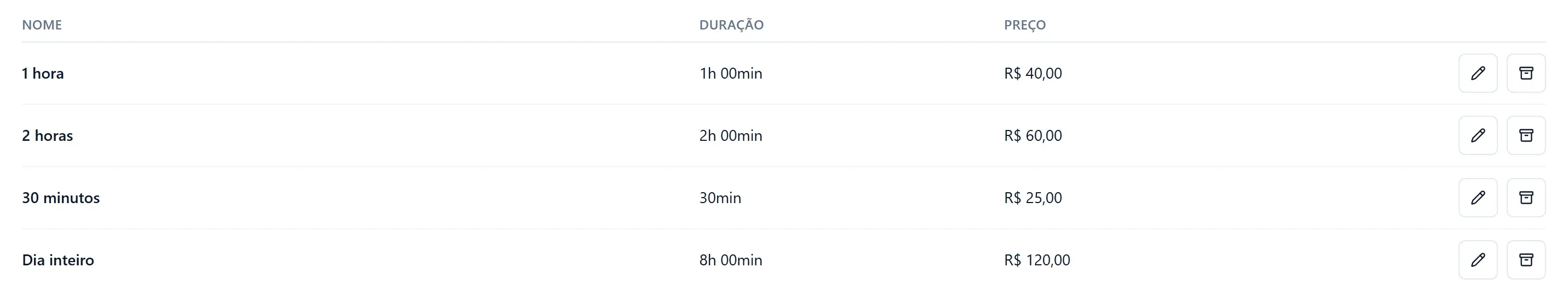 Tela Pacotes: 1 hora por R$ 40,00, 2 horas por R$ 60,00, 30 minutos por R$ 25,00 e Dia inteiro, de 8 horas, por R$ 120,00