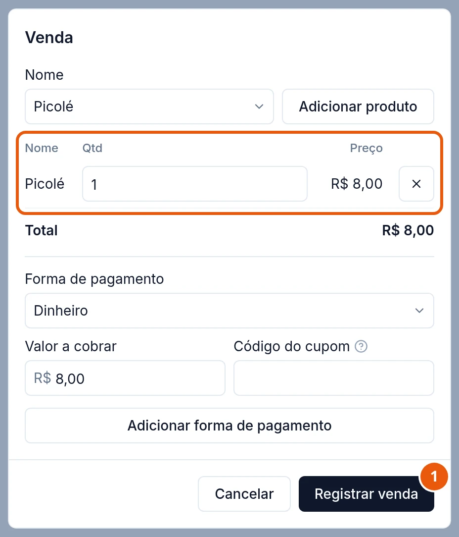 Janela Venda aberta pelo botão Venda avulsa, com um Picolé de R$ 8,00 adicionado e o botão Registrar venda. O Picolé está com estoque zerado e o Recreato deixa vender assim mesmo.