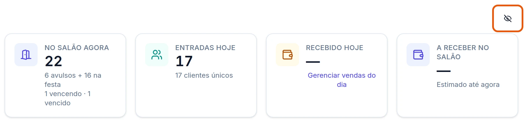 Os mesmos quatro cartões depois de clicar no olho: Recebido hoje e A receber no salão mostram um traço no lugar do valor; a contagem de crianças, 22 no salão, e de entradas, 17, continua visível.