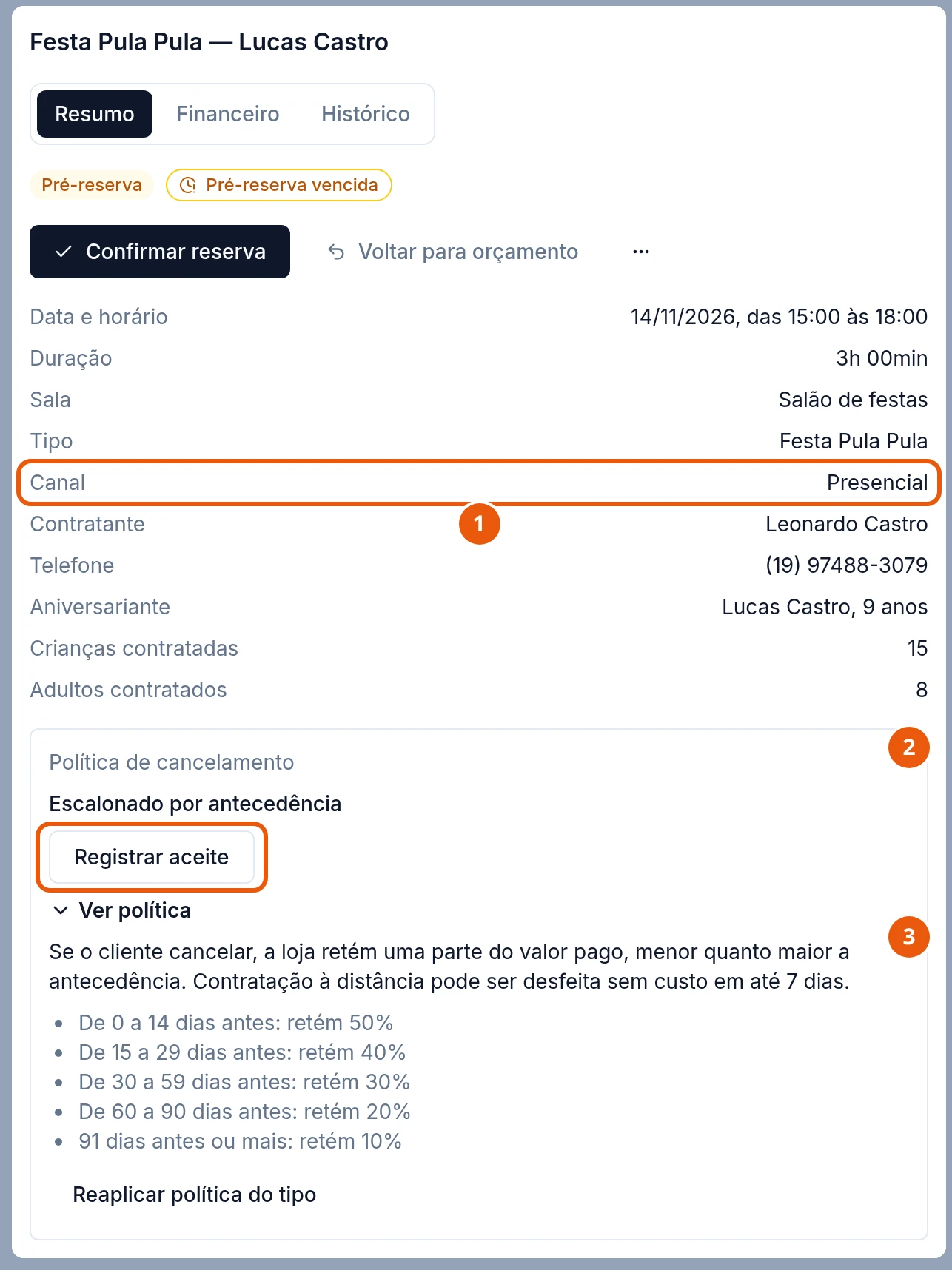 Reserva Festa Pula Pula — Lucas Castro, Pré-reserva vencida, na aba Resumo: Canal Presencial, entre Tipo e Contratante. Embaixo, o quadro Política de cancelamento com Escalonado por antecedência, o botão Registrar aceite, Ver política aberto com o texto e as faixas, de 0 a 14 dias antes retém 50% até 91 dias antes ou mais retém 10%, e o botão Reaplicar política do tipo.