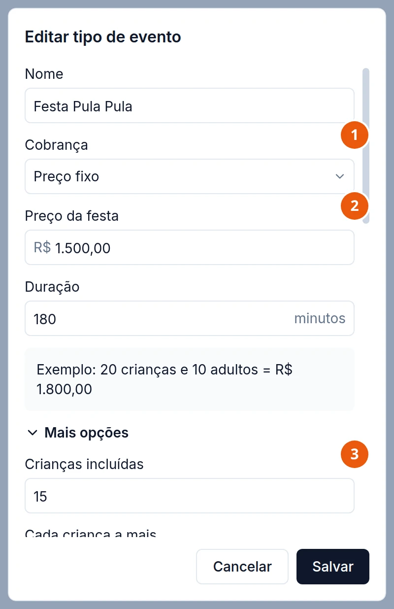 Janela Editar tipo de evento da Festa Pula Pula: Cobrança Preço fixo, Preço da festa R$ 1.500,00, Duração 180 minutos e o exemplo 20 crianças e 10 adultos = R$ 1.800,00. Embaixo, Mais opções aberto, com Crianças incluídas 15.
