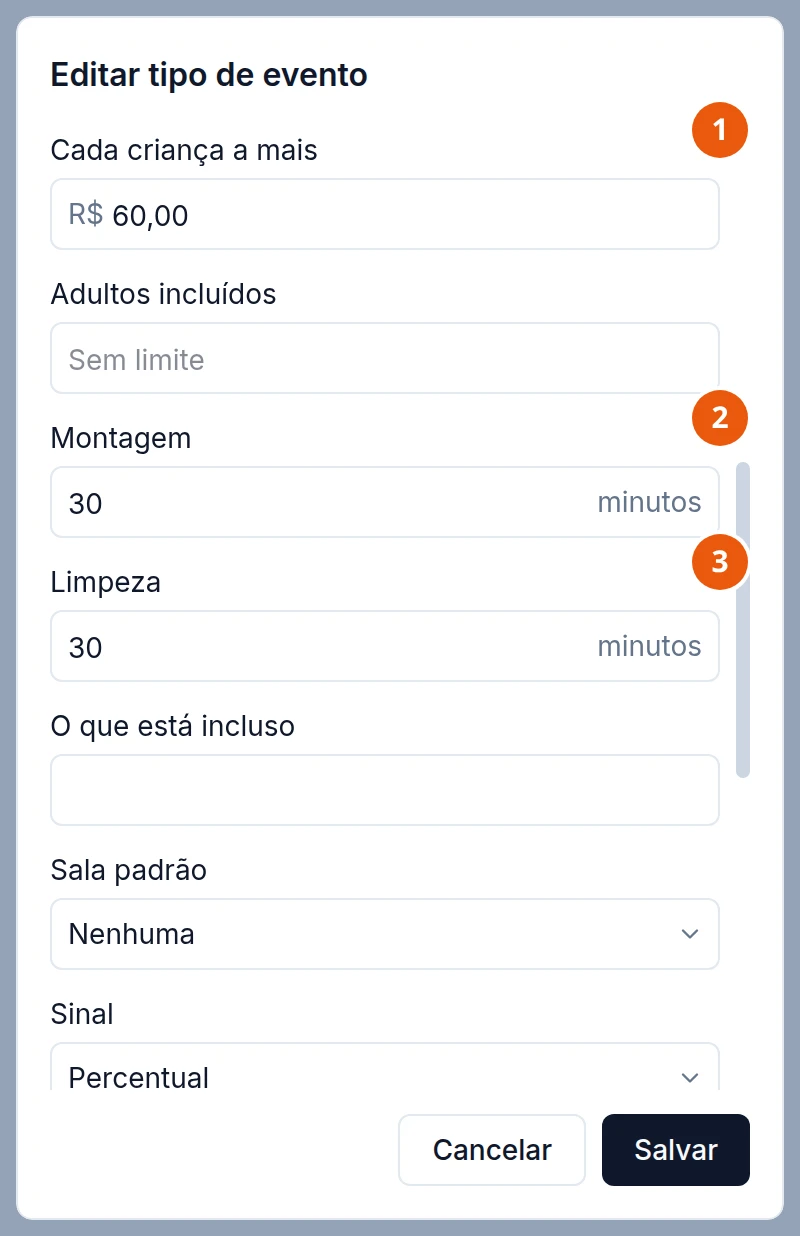 A mesma janela rolada: Cada criança a mais R$ 60,00, Adultos incluídos vazio (Sem limite), Montagem 30 minutos, Limpeza 30 minutos, O que está incluso vazio, Sala padrão Nenhuma e Sinal Percentual.