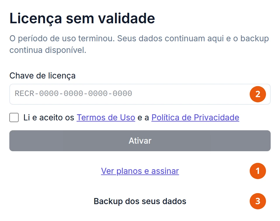 Tela Licença sem validade: O período de uso terminou. Seus dados continuam aqui e o backup continua disponível. Embaixo, o campo Chave de licença, a caixa Li e aceito os Termos de Uso e a Política de Privacidade, o botão Ativar, apagado, o link Ver planos e assinar e o botão Backup dos seus dados.