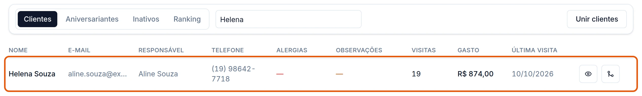 A mesma busca Helena depois da união: só Helena Souza, agora com 19 visitas e R$ 874,00.