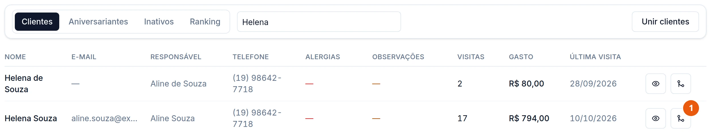 Tela Clientes com a busca Helena: duas linhas com o mesmo telefone, Helena de Souza, responsável Aline de Souza, 2 visitas e R$ 80,00, e Helena Souza, responsável Aline Souza, 17 visitas e R$ 794,00.