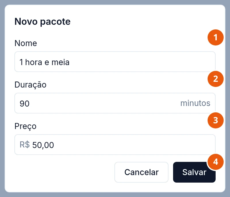 Janela Novo pacote preenchida: Nome 1 hora e meia, Duração 90 minutos, Preço R$ 50,00, com os botões Cancelar e Salvar.