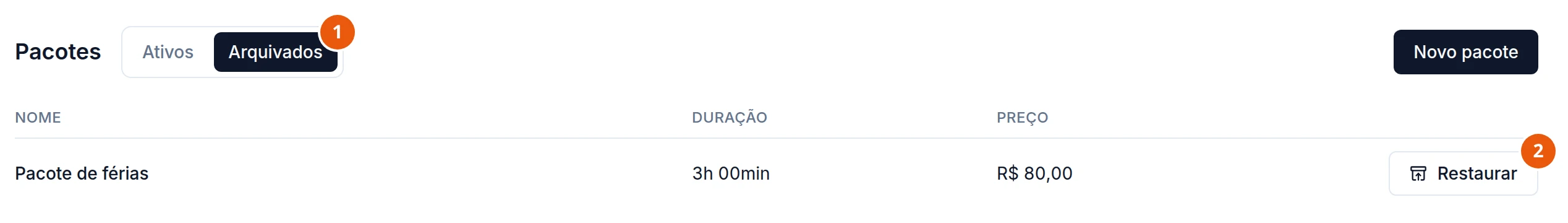 Tela Pacotes na aba Arquivados: uma linha, Pacote de férias, 3h 00min, R$ 80,00, com o botão Restaurar no fim.