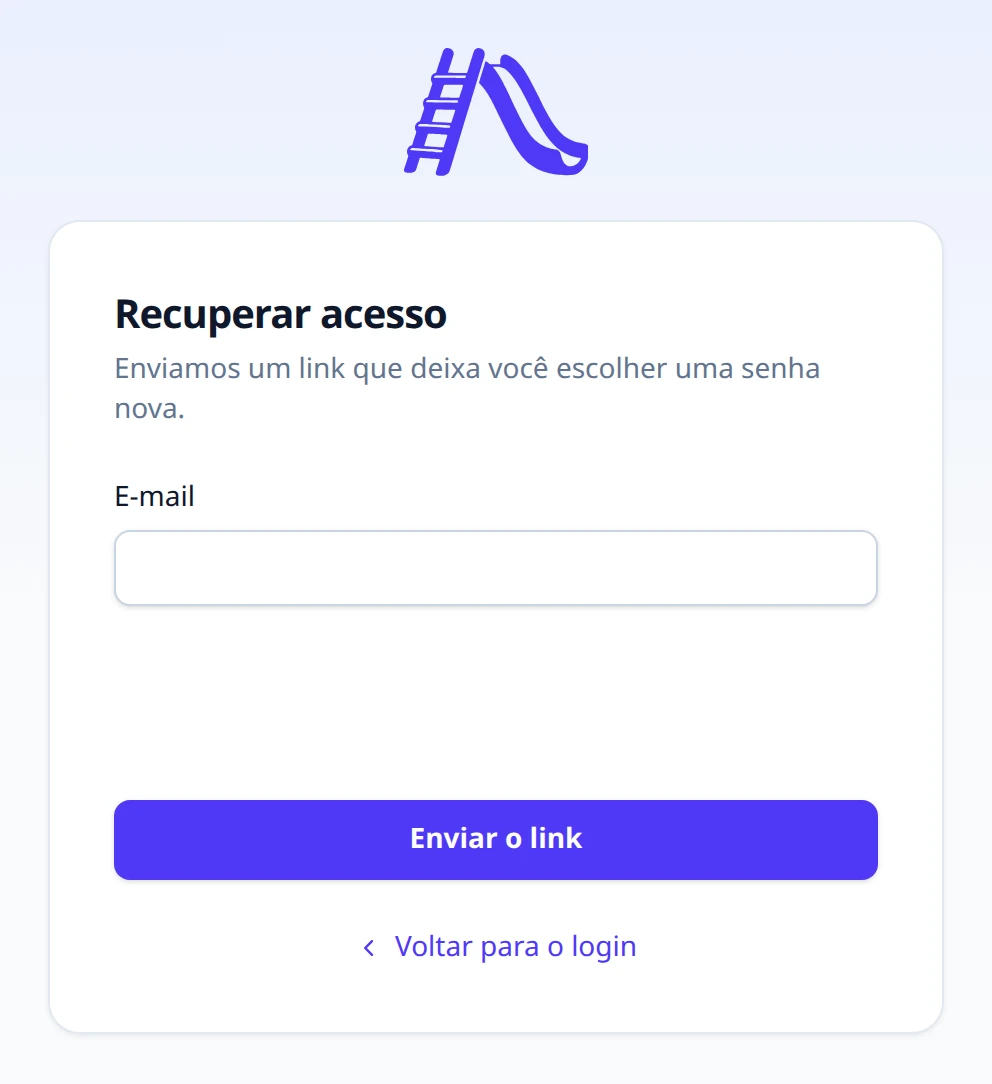 Página Recuperar acesso do portal, com o texto Enviamos um link que deixa você escolher uma senha nova., o campo E-mail, o botão Enviar o link e o link Voltar para o login.