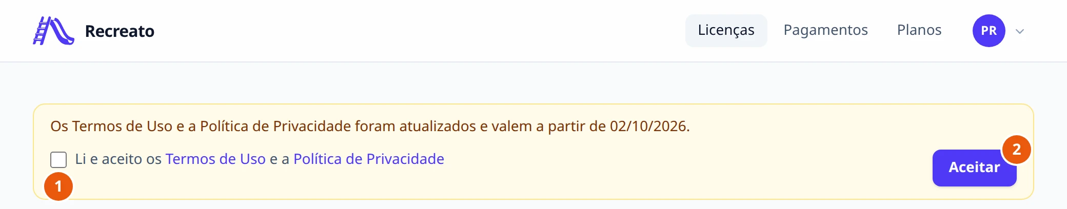 No alto do portal, abaixo do menu, uma faixa amarela: Os Termos de Uso e a Política de Privacidade foram atualizados e valem a partir de 02/10/2026. Embaixo, a caixa Li e aceito os Termos de Uso e a Política de Privacidade, com os dois nomes em link, e o botão Aceitar.