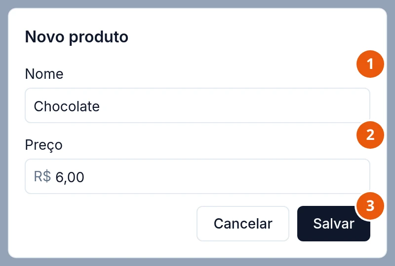 Janela Novo produto preenchida: Nome Chocolate, Preço R$ 6,00, com os botões Cancelar e Salvar.