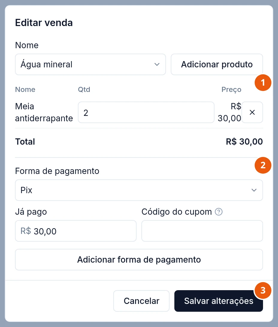 Janela Editar venda: a escolha do produto, Água mineral, com Adicionar produto; a lista com Meia antiderrapante, quantidade 2, R$ 30,00 e o X de remover; Total R$ 30,00. Embaixo, a forma de pagamento Pix, Já pago R$ 30,00, o botão Adicionar forma de pagamento e os botões Cancelar e Salvar alterações.