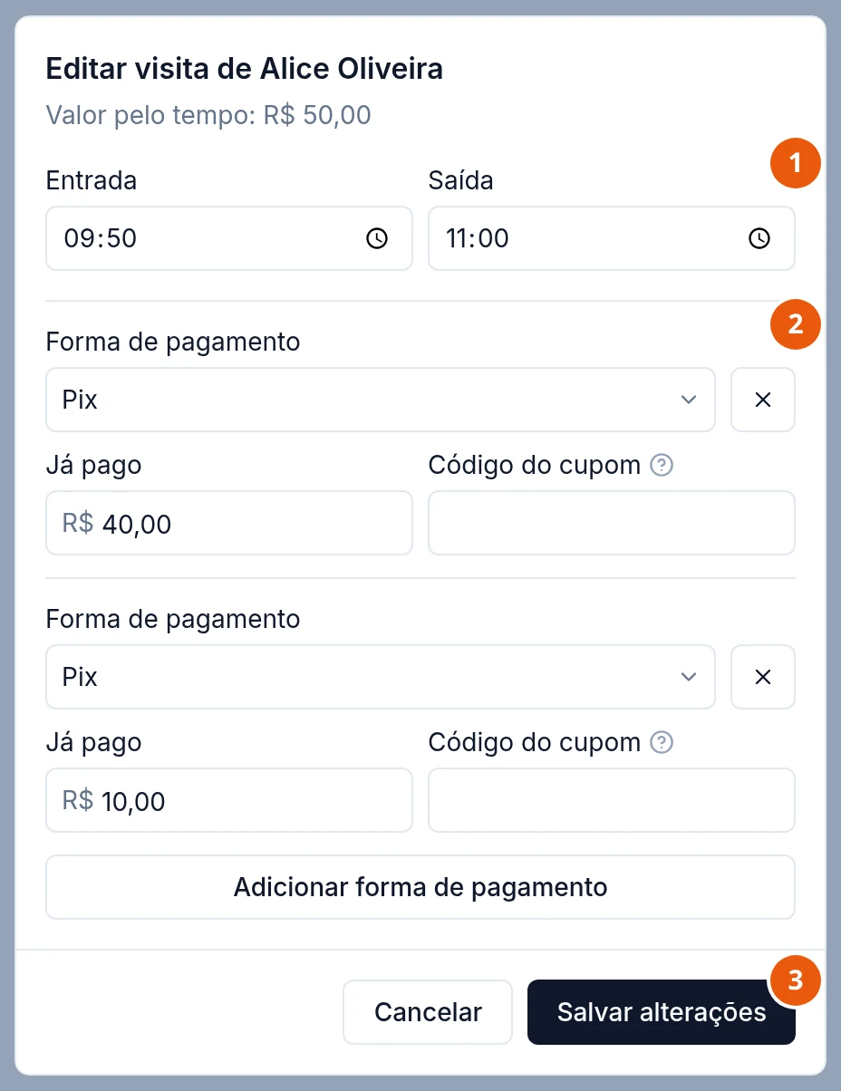 Janela Editar visita de Alice Oliveira, com Valor pelo tempo: R$ 50,00. Entrada 09:50 e Saída 11:00; dois pagamentos já recebidos, Pix, Já pago R$ 40,00, e Pix, Já pago R$ 10,00, cada um com o X de remover; o botão Adicionar forma de pagamento; embaixo, Cancelar e Salvar alterações.