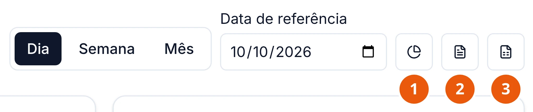 Canto de cima da tela Relatórios: os botões Dia, Semana e Mês, a Data de referência 10/10/2026 e três botões de ícone, o gráfico de pizza de Exportar resumo (PDF), a folha de Exportar PDF e a planilha de Exportar CSV.