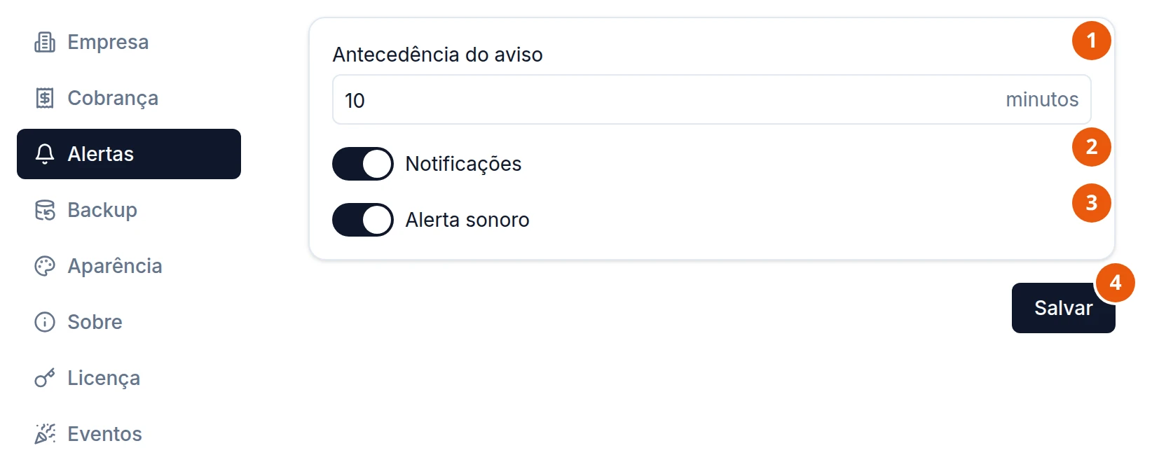 Configurações, seção Alertas: Antecedência do aviso 10 minutos, as chaves Notificações e Alerta sonoro ligadas e o botão Salvar.