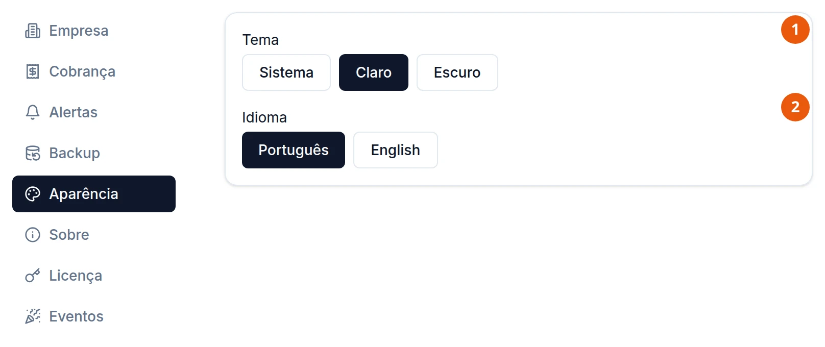 Configurações, seção Aparência: Tema com os botões Sistema, Claro (escolhido) e Escuro; Idioma com Português (escolhido) e English.